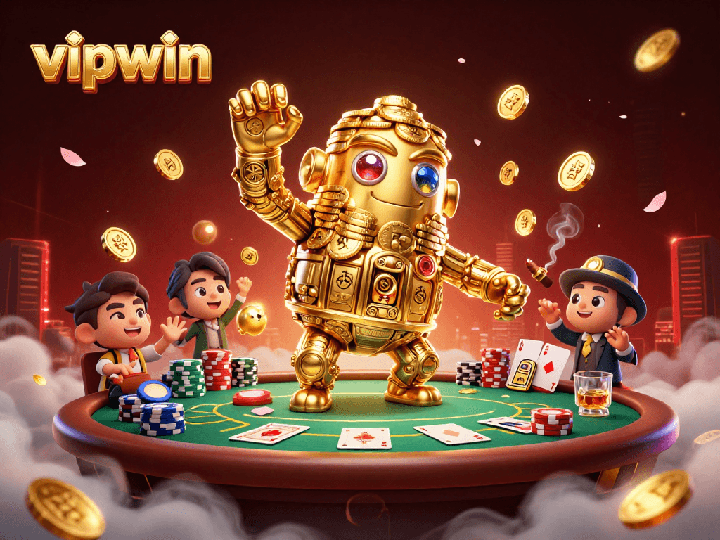 Experience thrilling gaming with vipwin's dynamic 3D illustration depicting a golden golem in a vibrant casino scene.