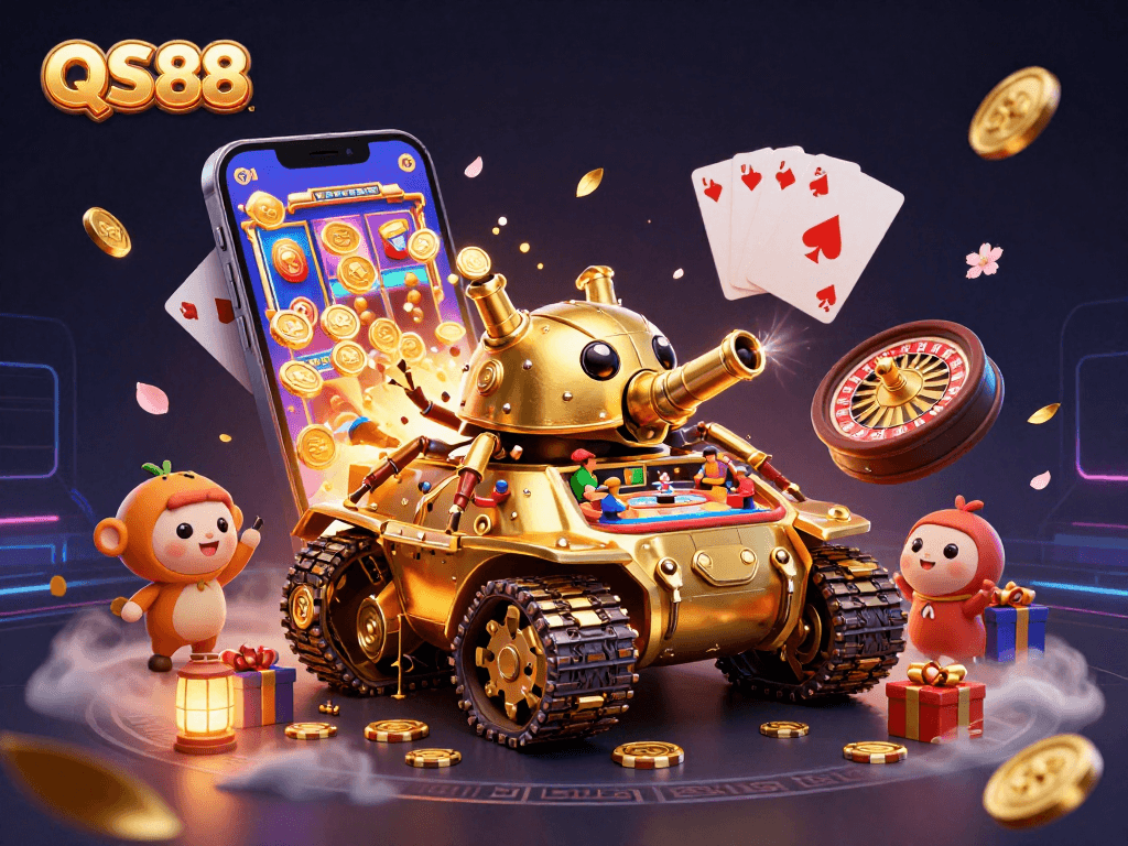 Experience thrilling gambling adventures with QS88's vibrant casino-themed illustration.