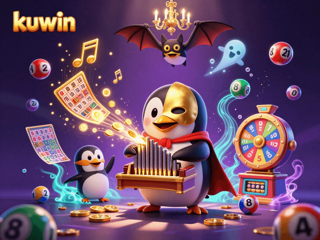 Kuwin's exciting casino atmosphere featuring a penguin and bat amidst colorful game elements.