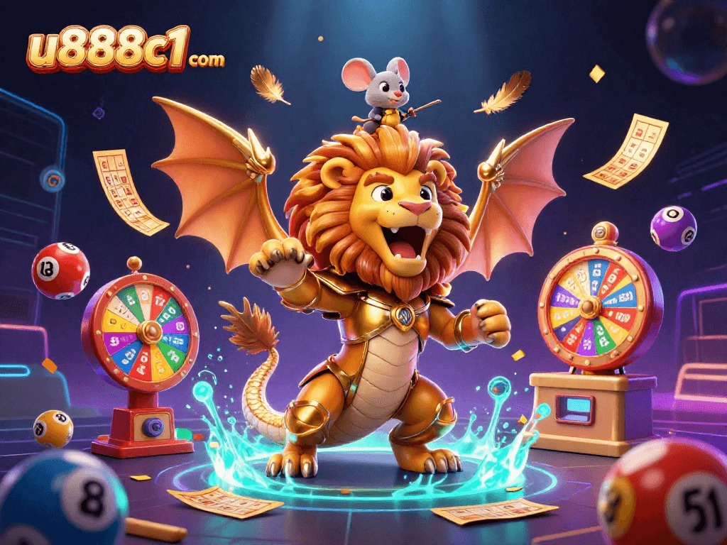 Play and win at u888c1 com with a vibrant 3D casino scene featuring a chimera and lottery elements.
