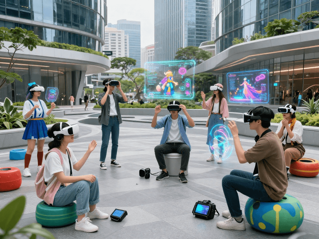Dynamic scene of ai roleplay in a futuristic urban setting featuring diverse individuals using AR headsets and holographic displays.