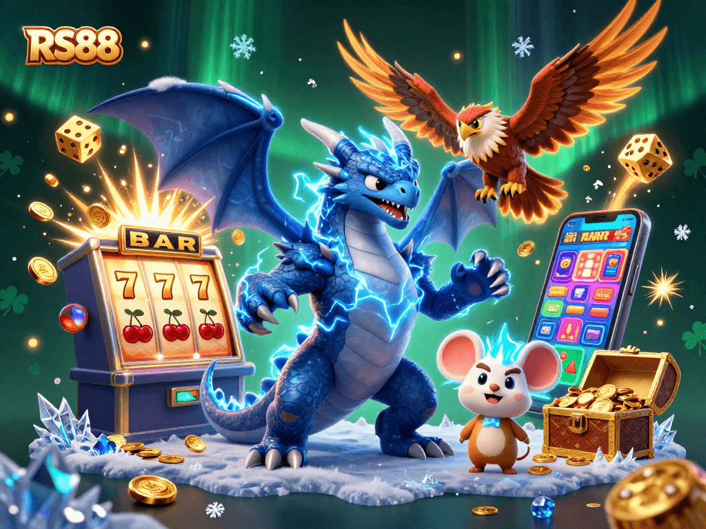 Experience thrilling wins with RS88 at a lively casino featuring vibrant characters and dynamic game elements.