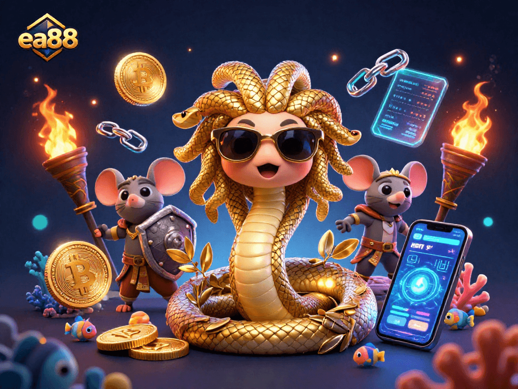 Win big with ea88 in this vibrant casino-themed illustration filled with fun characters and exciting game elements.