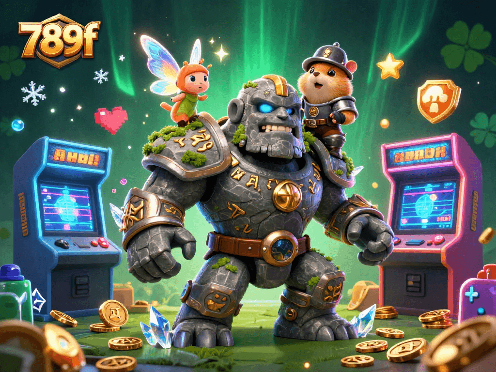 Join the adventure at 789f as the magical golem and knight explore casinos with vibrant games and treasures.