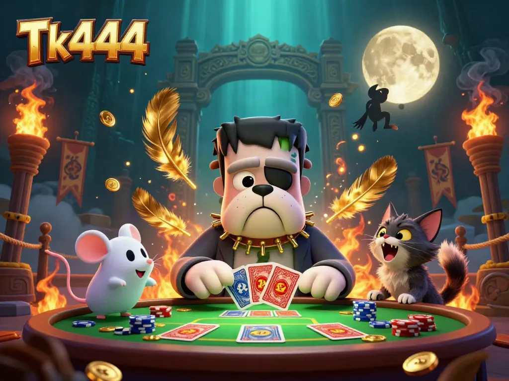 Experience thrilling gameplay with Tk444 and a cartoon Frankenstein bulldog at a spooky casino table.