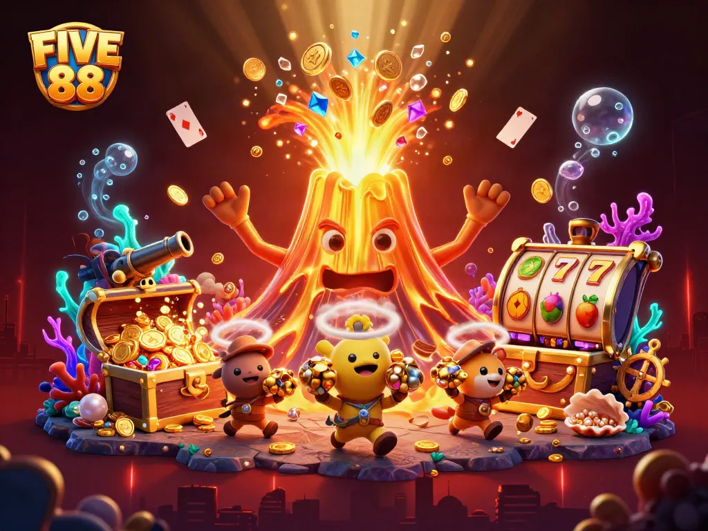 Experience the excitement of FIVE 88 casino games with vibrant characters and dynamic slots elements!