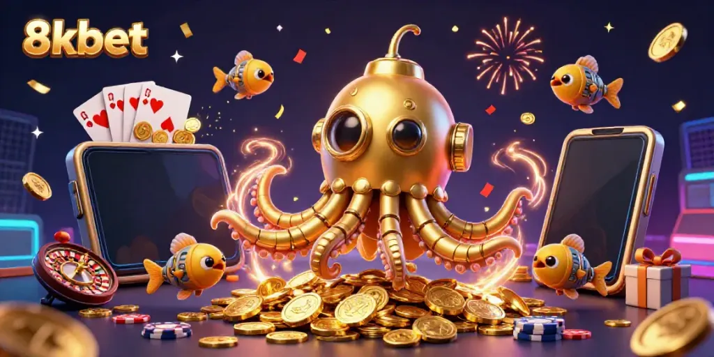 Experience the excitement of 8xbet with a golden kraken submarine amidst coins and games.