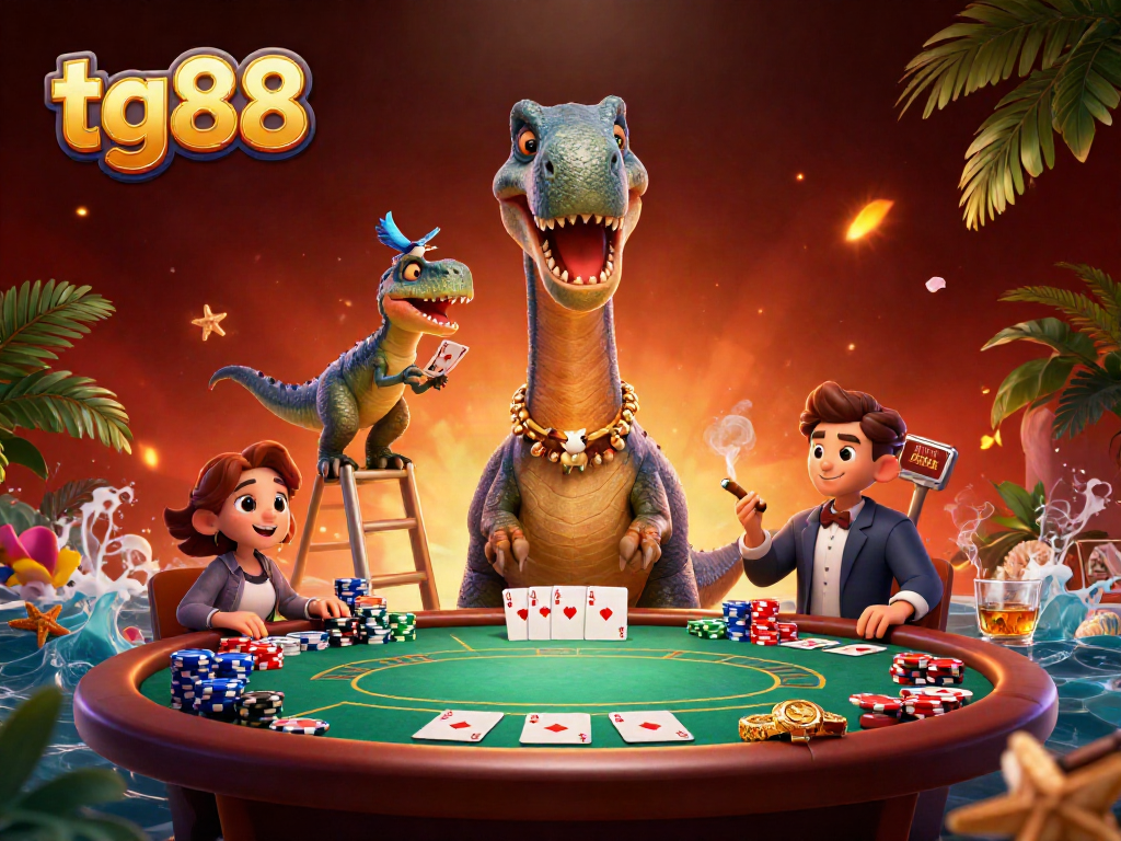 Engage with tg88 as a brontosaurus towers over a poker table, maximizing your casino strategy.