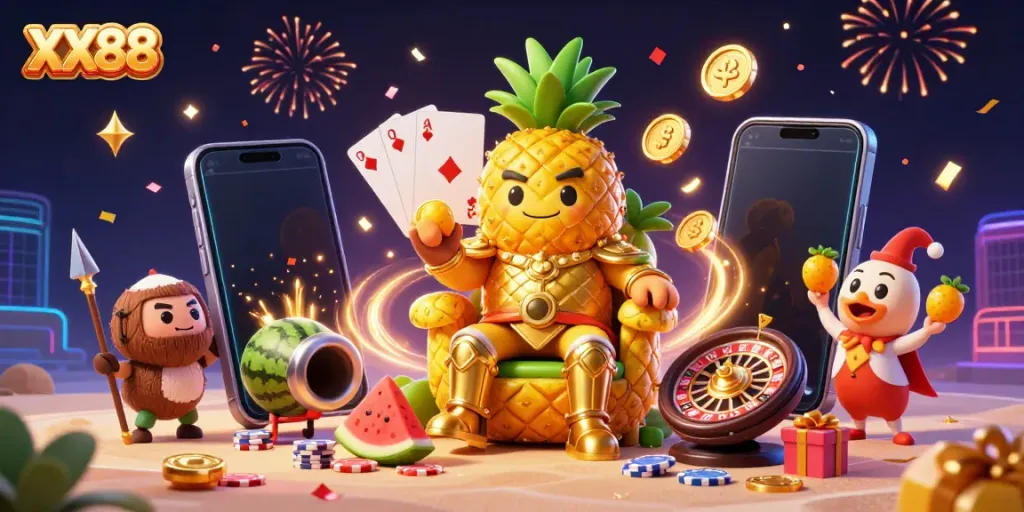 Experience vibrant casino energy with XX88’s golden pineapple king and festive characters.