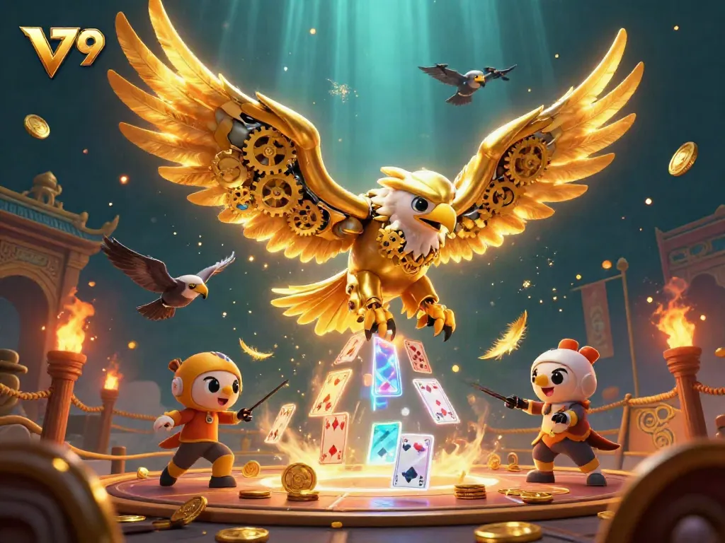 Experience thrilling gameplay with V79's vibrant casino scene showcasing a cybernetic eagle amidst action-packed game elements.