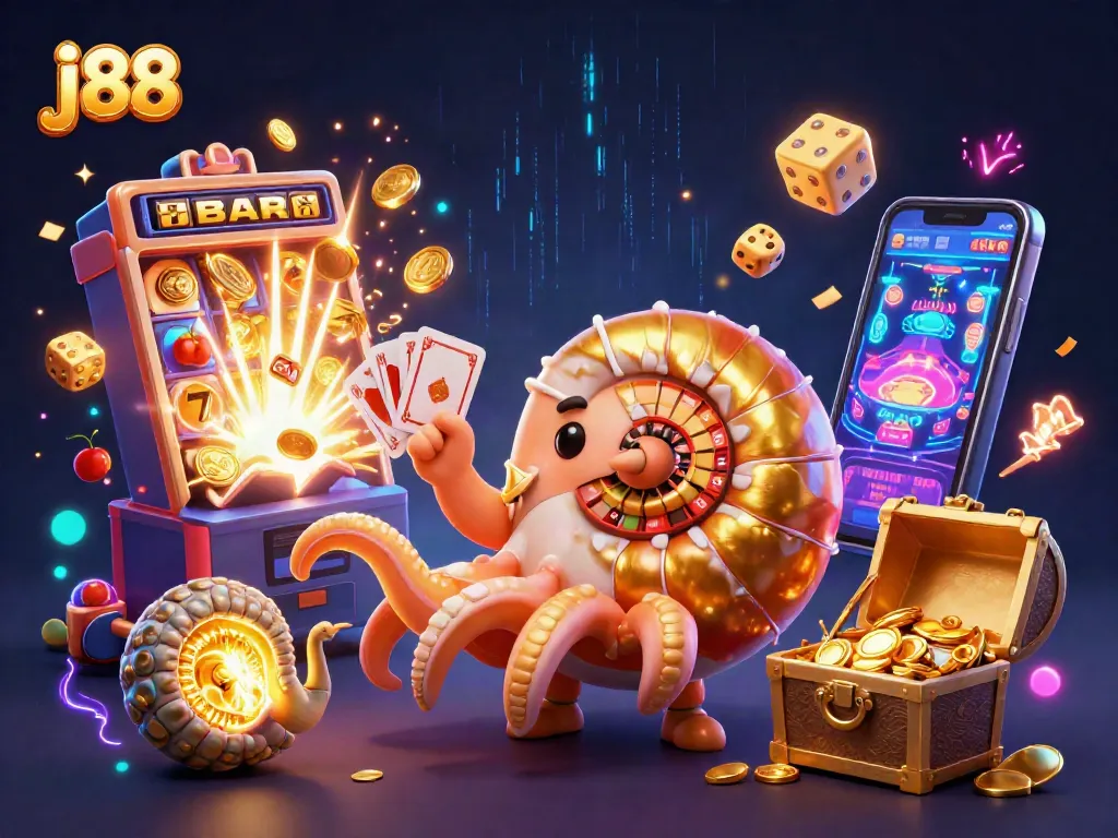 Spin to win with j88's vibrant casino illustration featuring a giant roulette nautilus and jackpot chaos.