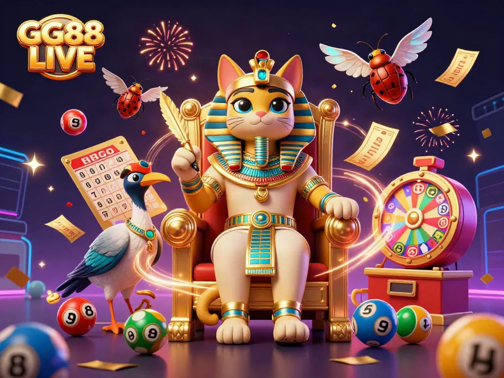 Experience the excitement of GG88 LIVE with a vibrant 3D casino scene featuring colorful lottery elements and a royal theme.