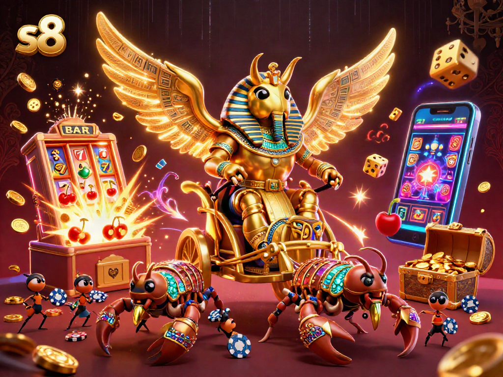 S8 gamblers celebrating a big win with a golden scarab beetle, slot machine, and festive visuals.