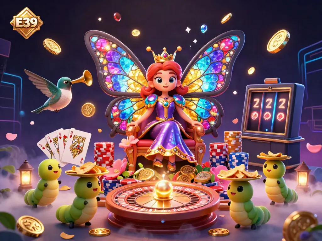 Experience the vibrant world of E39 with a butterfly queen and dynamic casino elements like roulette and poker.