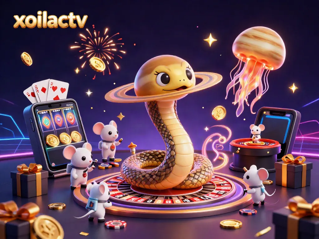Bet on the dynamic and vibrant action at xoilactv with a coiled Saturn snake and astronaut mice.