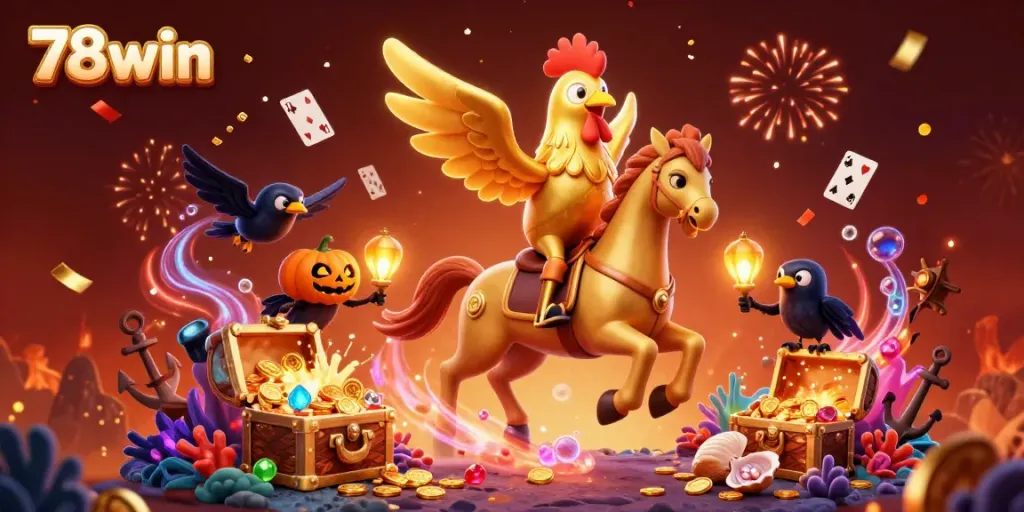 Engage with thrilling casino experiences at 78win, illustrated with a golden rooster and dynamic gaming elements.