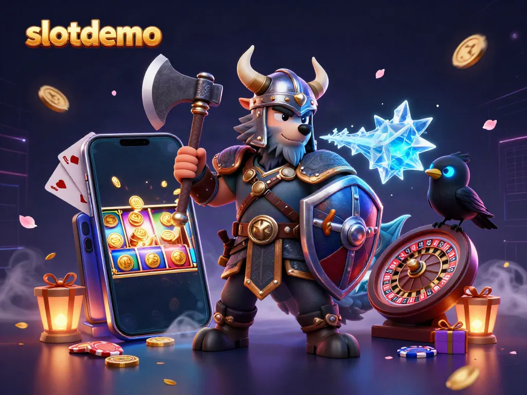 Experience the thrill of winning with slotdemo in this vivid 3D scene featuring a Viking wolf warrior, dragon, and exciting slot elements.