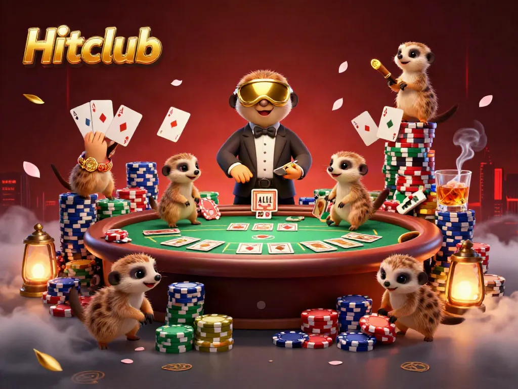 Hitclub scene of meerkats managing a casino with poker elements, showcasing excitement and gaming fun.