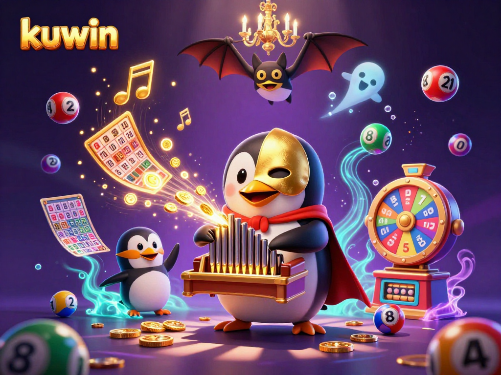 Kuwin's exciting casino atmosphere featuring a penguin and bat amidst colorful game elements.