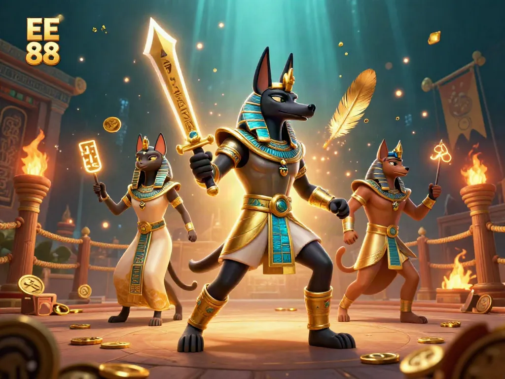 Engage with exciting EE 88 casino adventures featuring Anubis and Bastet in a dynamic 3D scene.