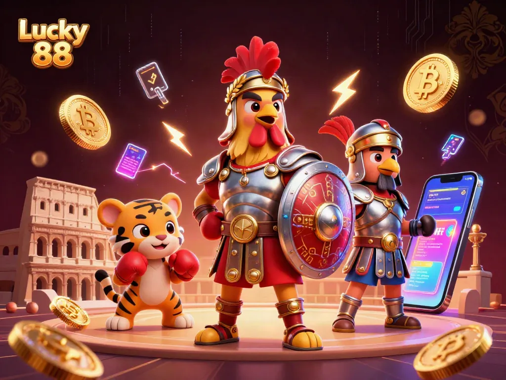 Spin and win at Lucky 88 with a dynamic casino scene featuring engaging characters and elements.