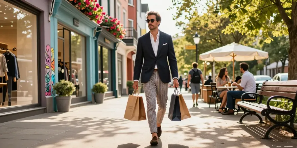 Stylish man showcasing Men's Clothing Online Boutique selections on a vibrant city street.