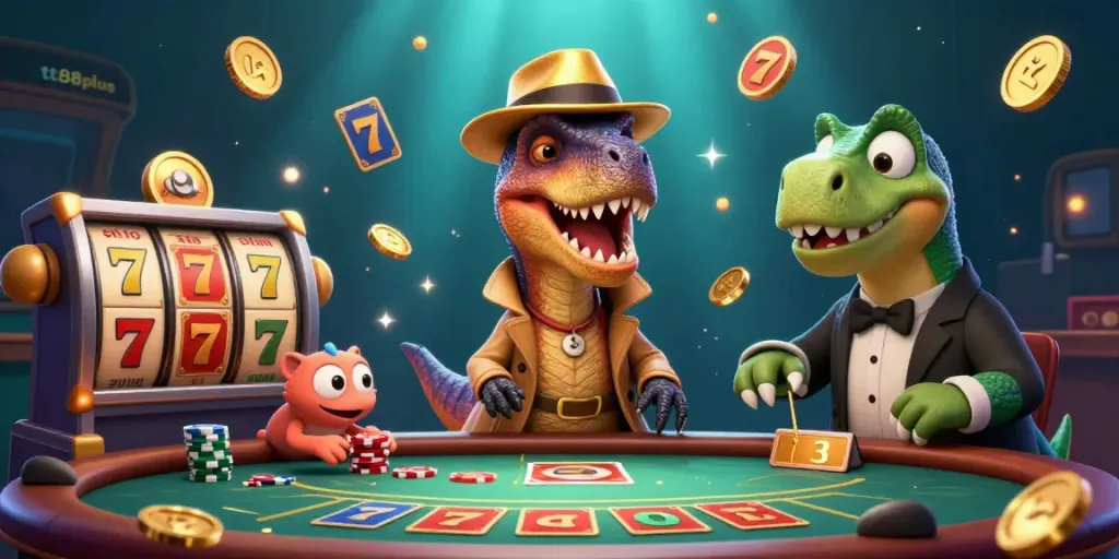 Engage with tt88plus in a vibrant casino scene featuring a velociraptor card counter and dynamic slot game elements.