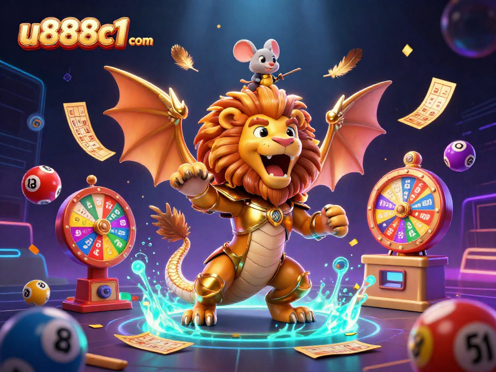 Play and win at u888c1 com with a vibrant 3D casino scene featuring a chimera and lottery elements.