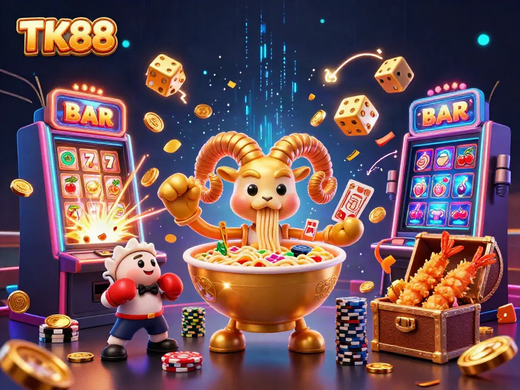 Engage in thrilling casino action with TK88’s vibrant 3D illustration featuring a golden ramen bowl and dynamic game elements.