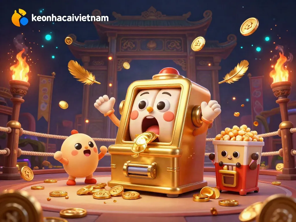 Engaging scene showcasing keonhacaivietnam with a golden slot machine celebrating its jackpot, surrounded by cheering mini machines and popcorn excitement.