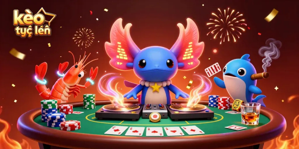 Experience kèo trực tuyến excitement with a vibrant casino scene featuring animated characters and poker elements.