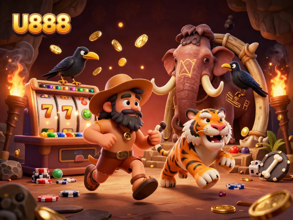 Engage in thrilling casino action at U888 with a vibrant prehistoric scene featuring dynamic slot games.