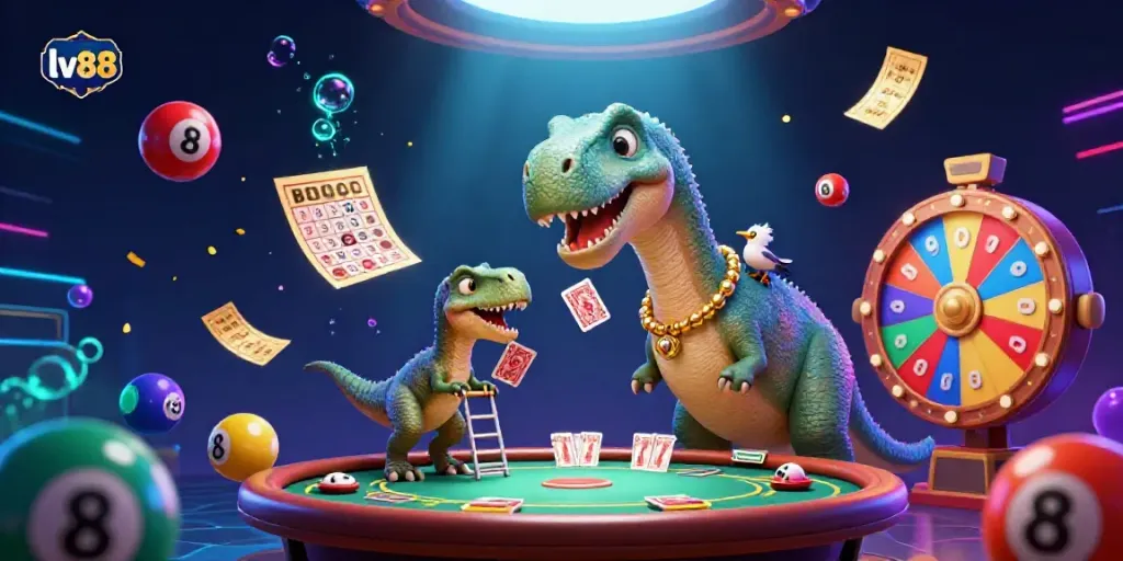 Experience excitement at lv88 with a fun casino scene featuring a brontosaurus and raptor dealing cards.