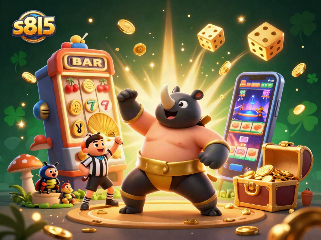 s8l5 showcases a vibrant casino scene with a sumo champion beetle amidst dynamic slot machine elements and cheering spectators.