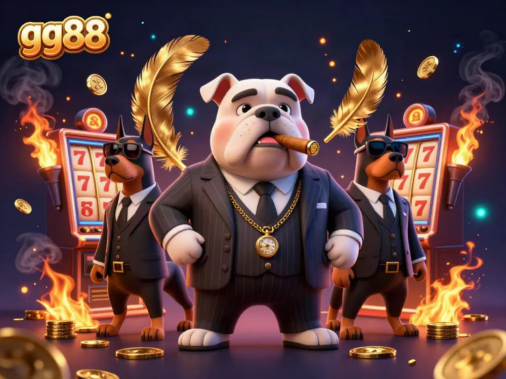 Engage in thrilling gameplay at GG88 with a mafia boss and bodyguard Dobermans amidst rich casino visuals.