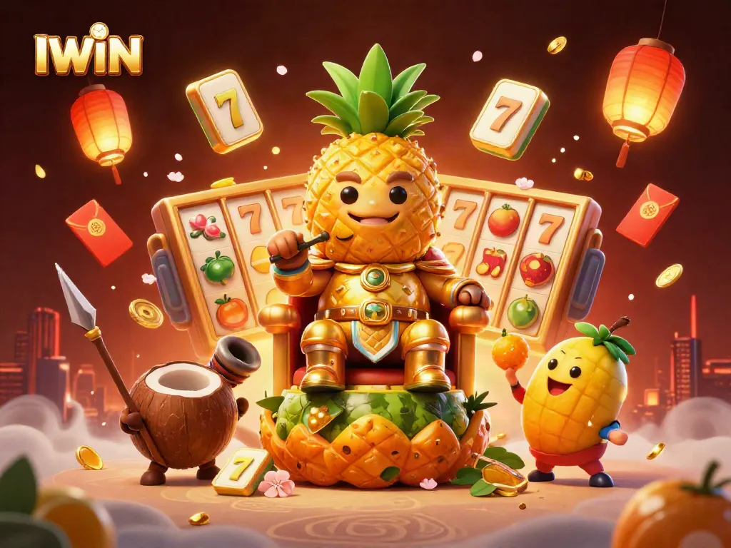 IWIN captures the essence of vibrant casino gaming with a playful illustration of a pineapple king and his tropical entourage.