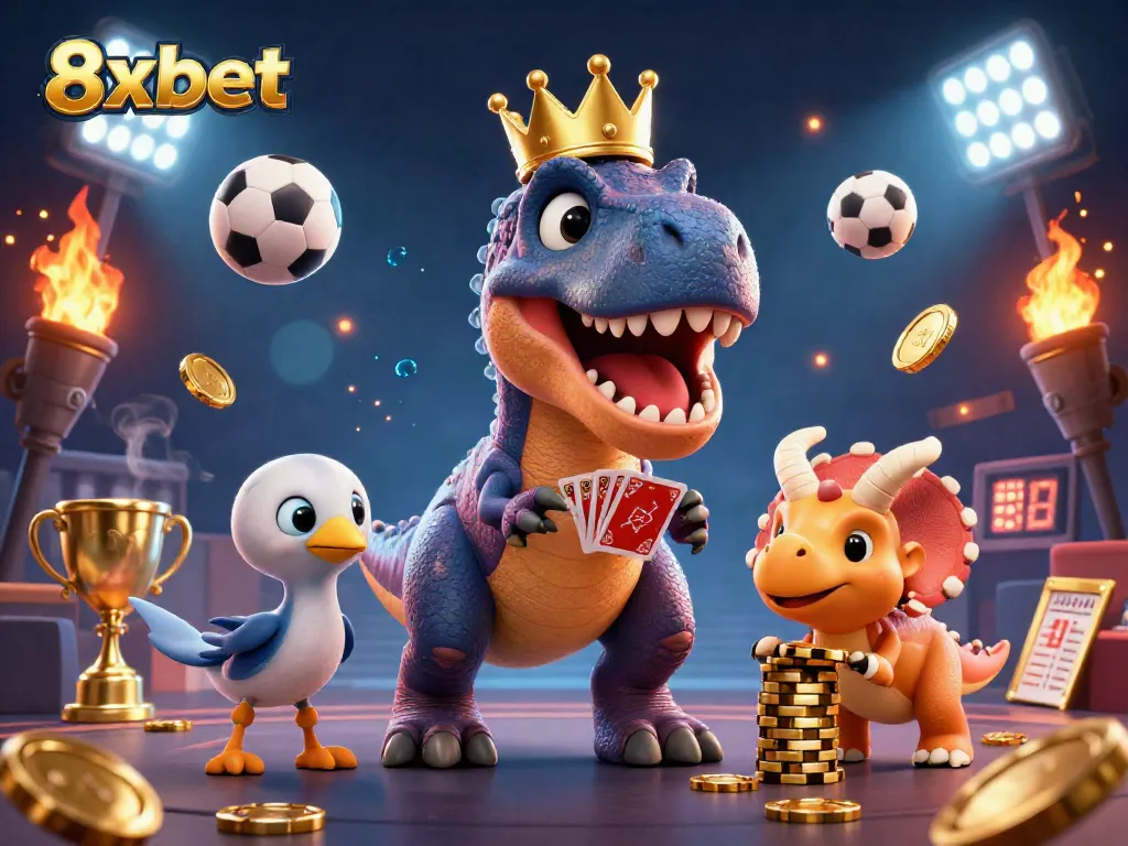Engage in thrilling gaming with 8xbet as the fun unfolds in an energetic 3D casino scene.
