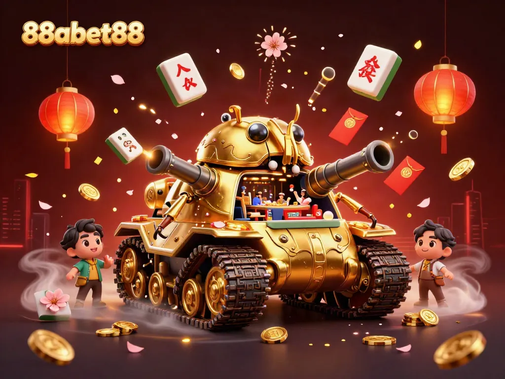 Engage with thrilling games at 88abet88 with a vibrant, bustling casino scene inside a golden beetle tank.