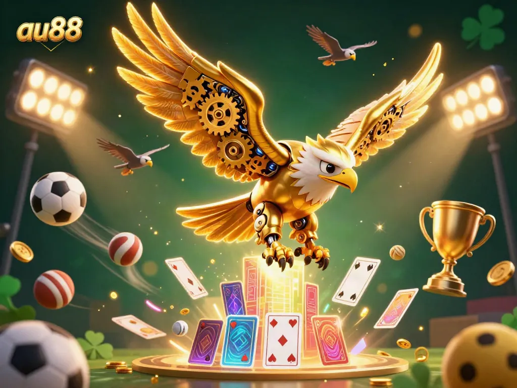 Experience thrilling gaming action with au88's dynamic illustration featuring a golden eagle and sports elements.