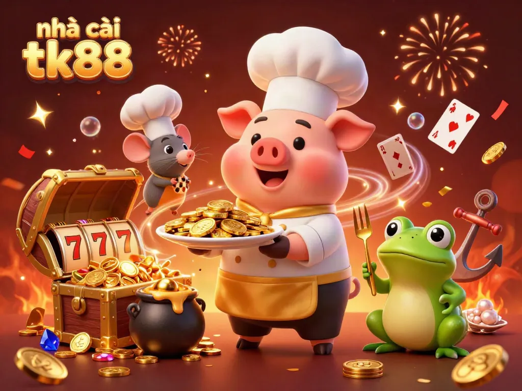 Engage in exciting slots at Nhà cái tk88 featuring golden coins and vibrant characters in a dynamic scene.