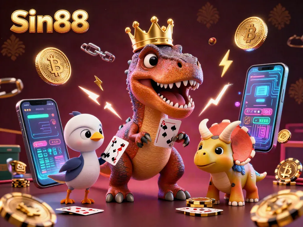 Engage with the Sin88 experience as a T-Rex and friends shuffle cards and stack chips in this vibrant casino scene.
