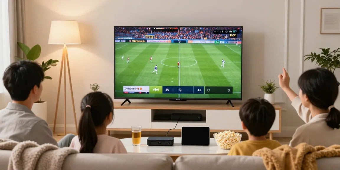 Miglior IPTV family watching sports and movies in a cozy living room.