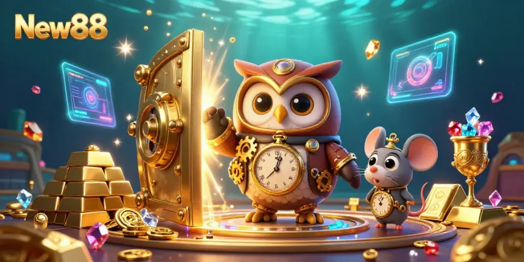 Experience the vibrant world of New88, featuring exciting casino elements and a time-traveling owl in a fantastical setting.