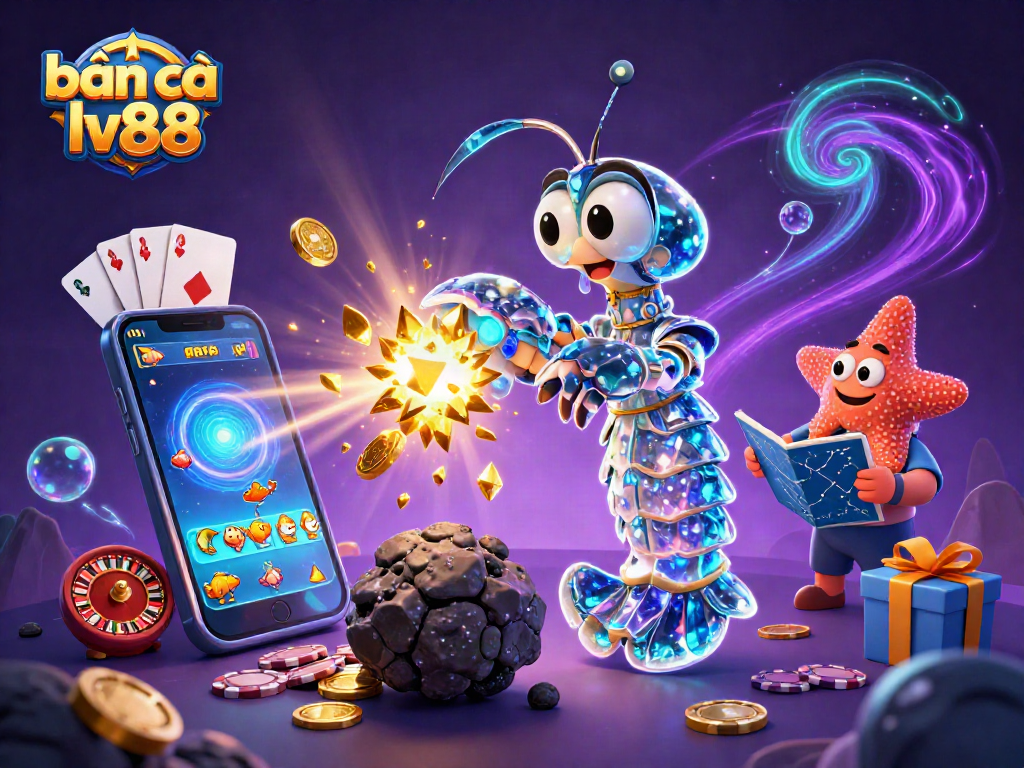 Bắn cá lv88 offers vibrant gameplay with a galactic samurai mantis shrimp amidst underwater treasures.