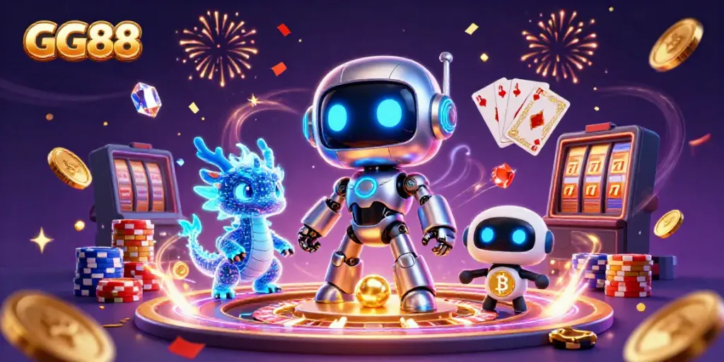 Engaging GG88 illustration with a cyberpunk robot, AI dragon, and bitcoin drone in a vibrant casino setting.