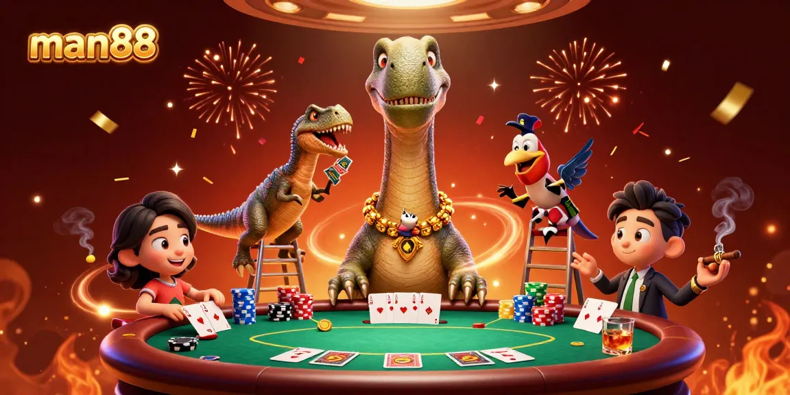 Experience excitement with man88 as a towering brontosaurus oversees a lively poker game scene.