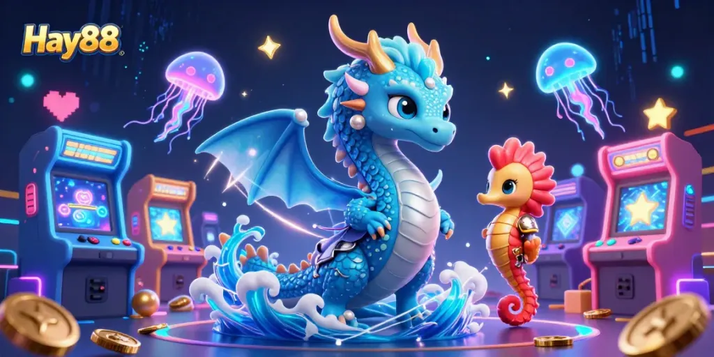 Experience thrilling gameplay at Hay88 with a vibrant casino-themed 3D illustration featuring a dragon and jellyfish.