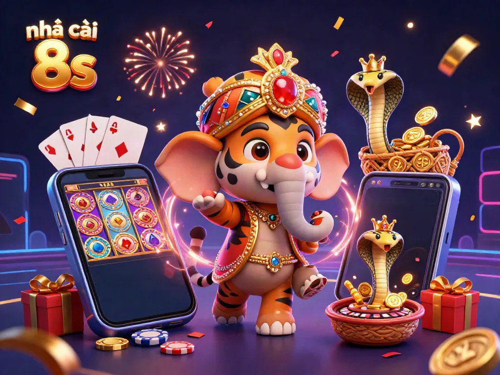 Experience thrilling gaming action with Nhà cái 8s in a vibrant 3D casino scene.