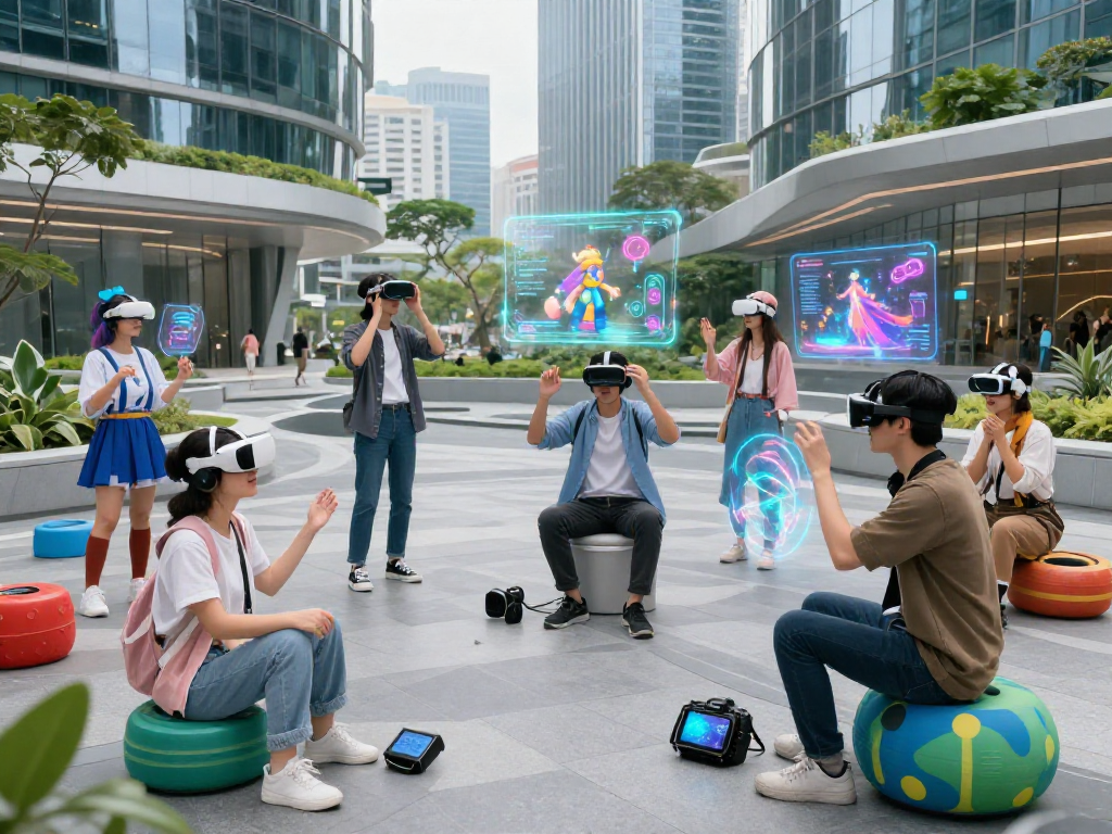 Dynamic scene of ai roleplay in a futuristic urban setting featuring diverse individuals using AR headsets and holographic displays.