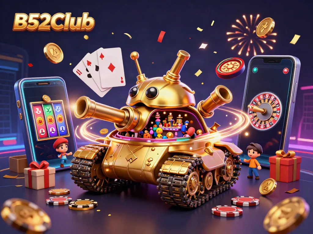B52Club showcases a vibrant casino-themed illustration featuring a golden beetle tank revealing a miniature casino, surrounded by gaming elements.